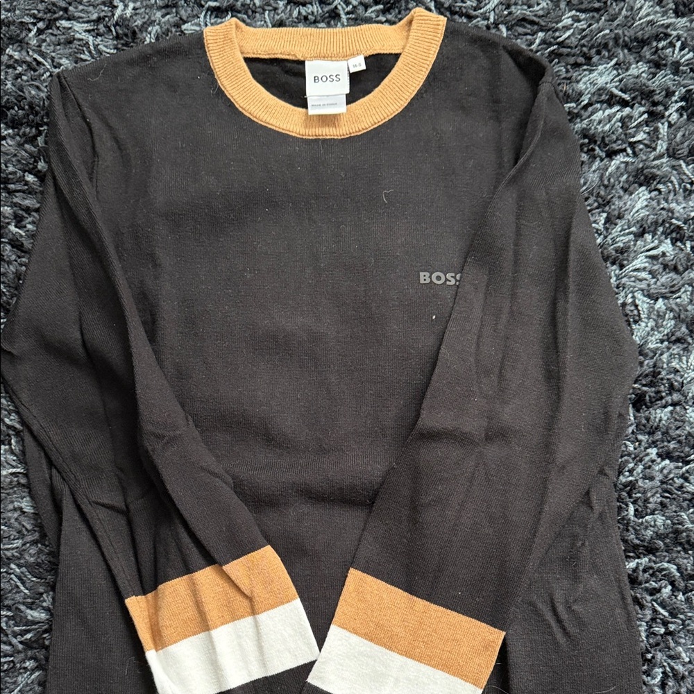 Boss Black Sweater with Brown and White Trim
